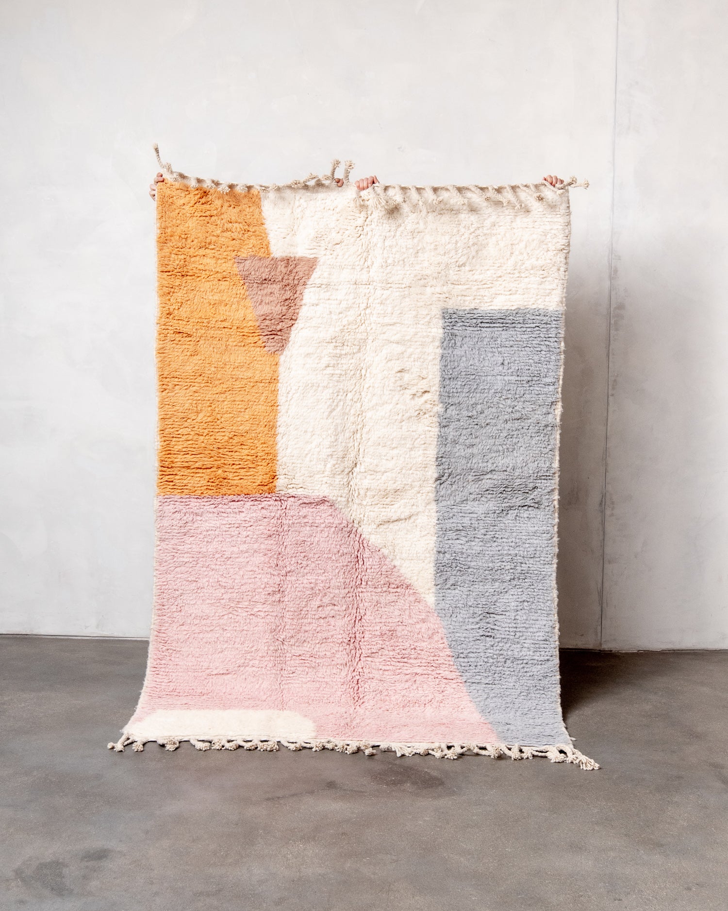 Modern, designer, handcrafted Berber rug from Morocco. Beniourain carpet with beautiful colours and patterns and fluffy wool texture.